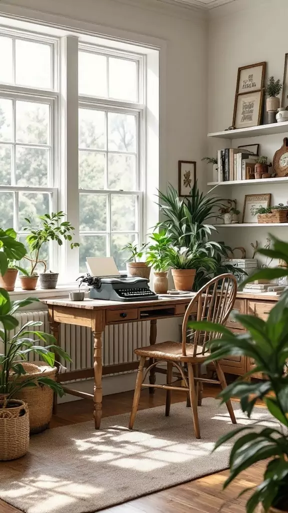 A cozy Southern farmhouse office with a wooden desk, typewriter, plants, and natural light.