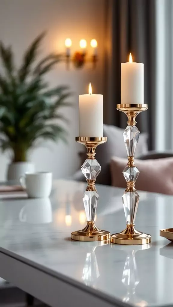 Two tiered crystal candle holders with white candles on a marble table in a stylish office setting.