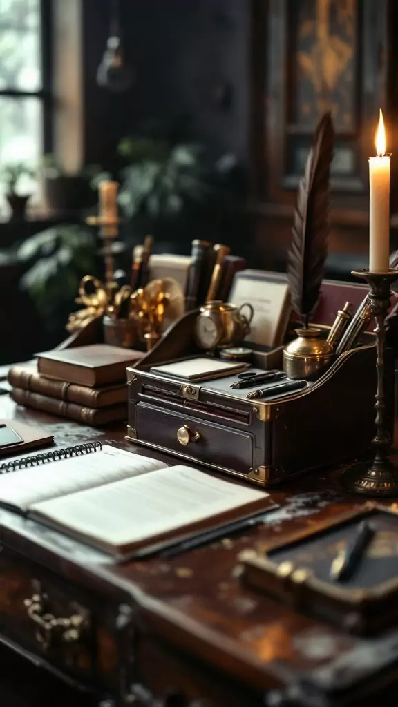 A vintage desk with brass and leather desk organizers, surrounded by books and candles.