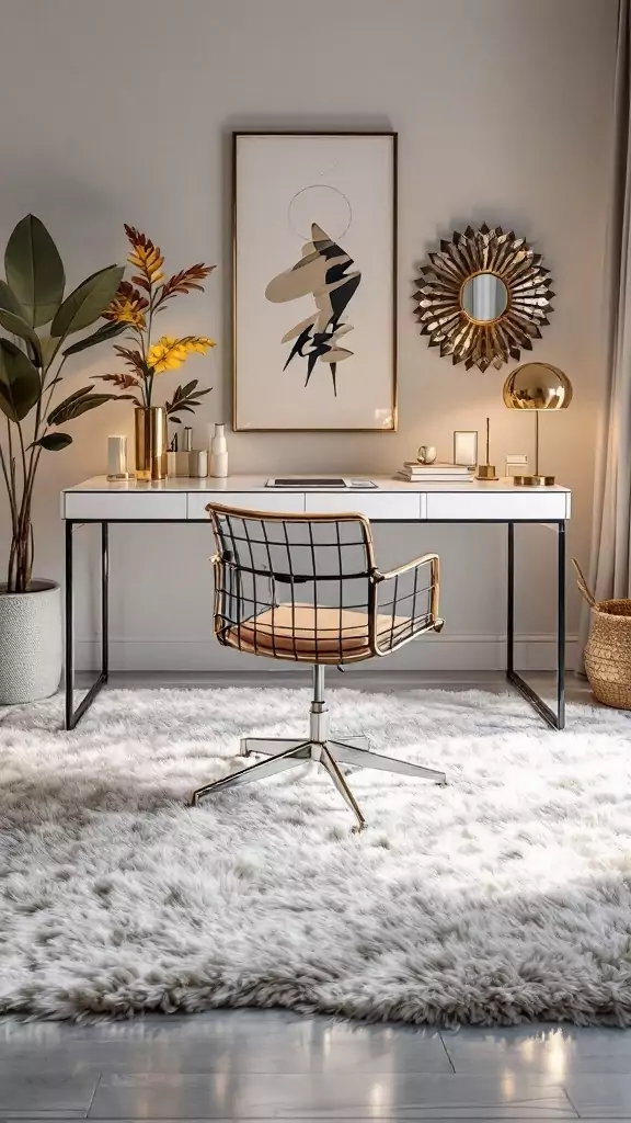 A stylish office setup featuring a chic acrylic chair mat, plant decor, and a modern desk.