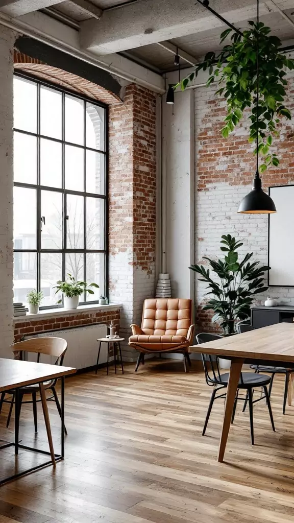 A cozy Scandinavian industrial office featuring exposed brick walls, wooden flooring, and stylish furniture.