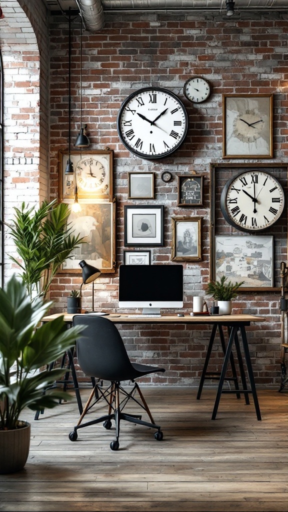 An industrial office space featuring vintage clocks and wall art against a brick wall.