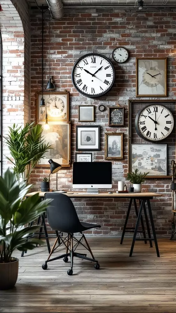 An industrial office space featuring vintage clocks and wall art against a brick wall.
