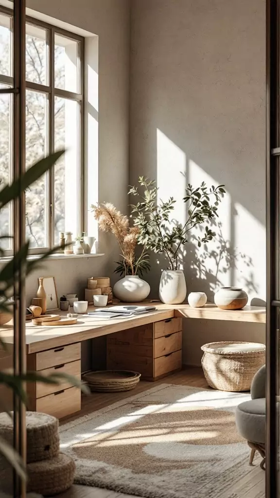 A cozy and well-lit modern office space with natural materials and plants.