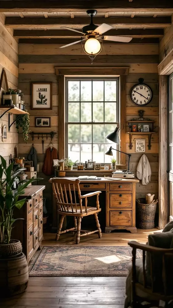 A warm and inviting western-inspired farmhouse office with wooden elements and rustic decor.