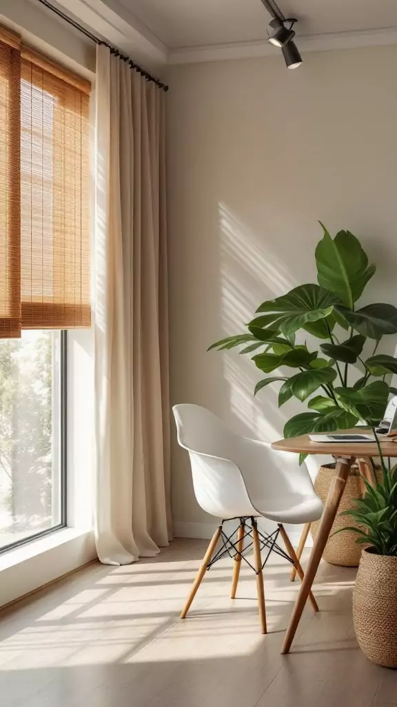 A cozy office space with bamboo blinds and linen curtains, featuring a modern wood desk and indoor plants.