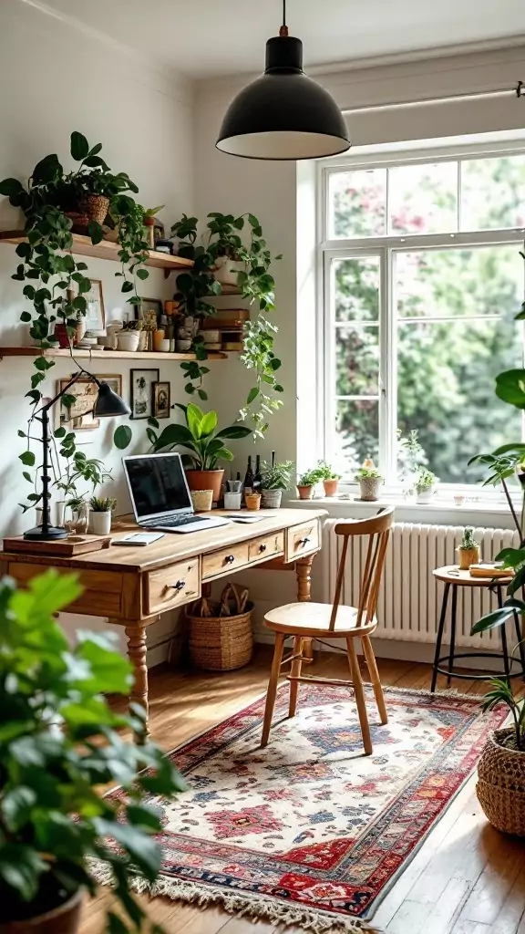 A cozy and vibrant eclectic farmhouse office with plants and wooden furniture.