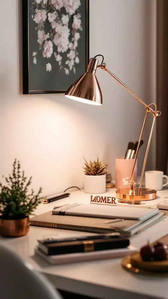 A stylish gold or rose gold desk lamp on a minimalistic workspace