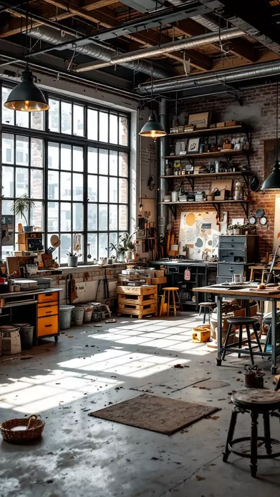 An industrial garage office featuring exposed brick, large windows, and wooden tables.