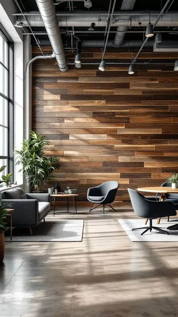 A modern office space featuring reclaimed barn wood wall panels, plants, and stylish furniture.