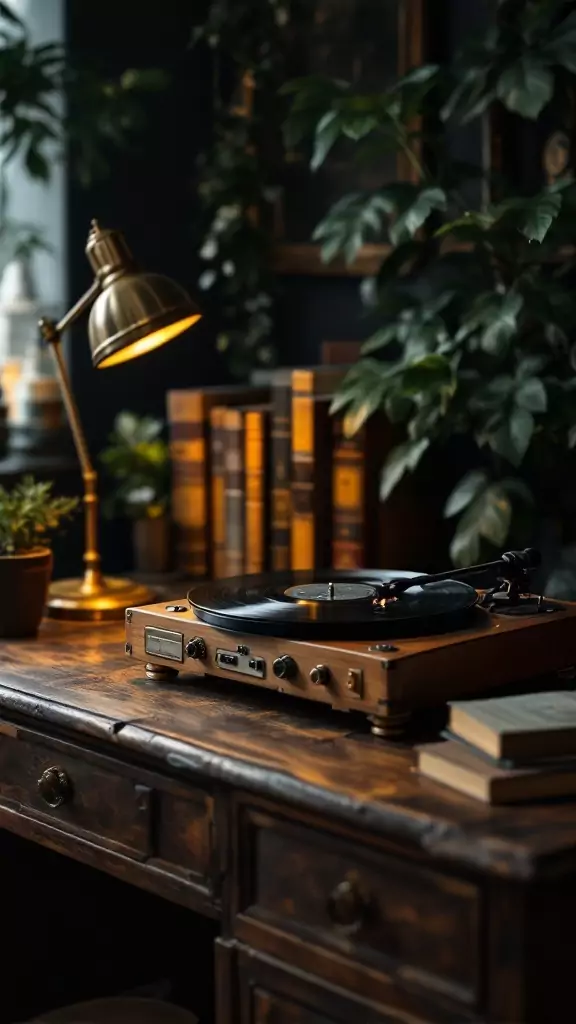 A retro vinyl record player on a wooden desk with warm lighting and books in a dark office setting.