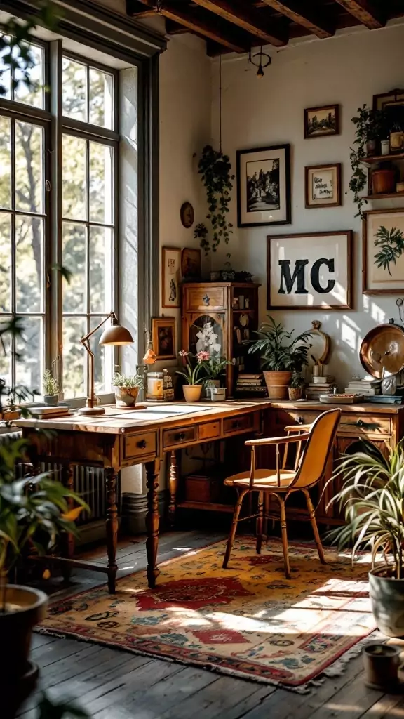 A cozy rustic farmhouse office with a wooden desk, plants, and vintage decor.