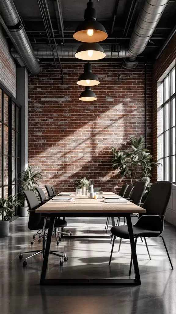 Modern office space with exposed brick wall and industrial design elements