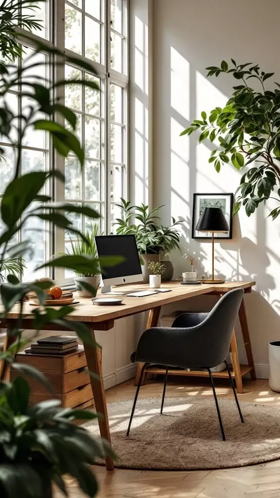 A modern wood desk in an organic modern office with plants and natural light.