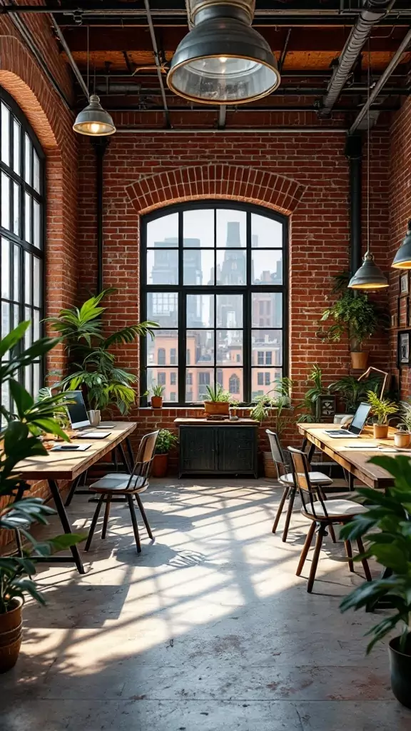 Interior of a rustic brick loft office with plants and wooden desks