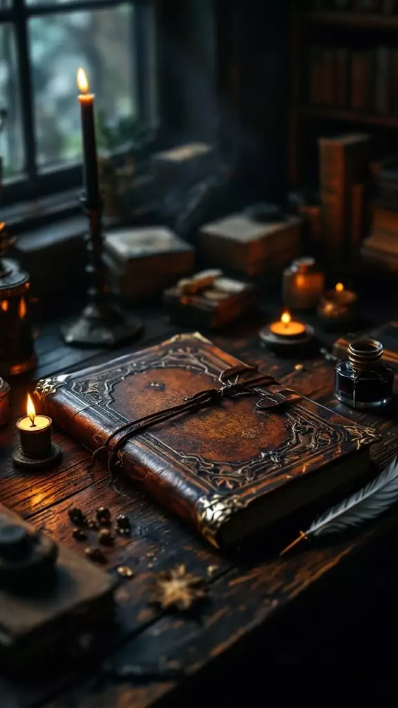 A vintage leather journal on a wooden desk surrounded by candles and books, creating a dark academia vibe.