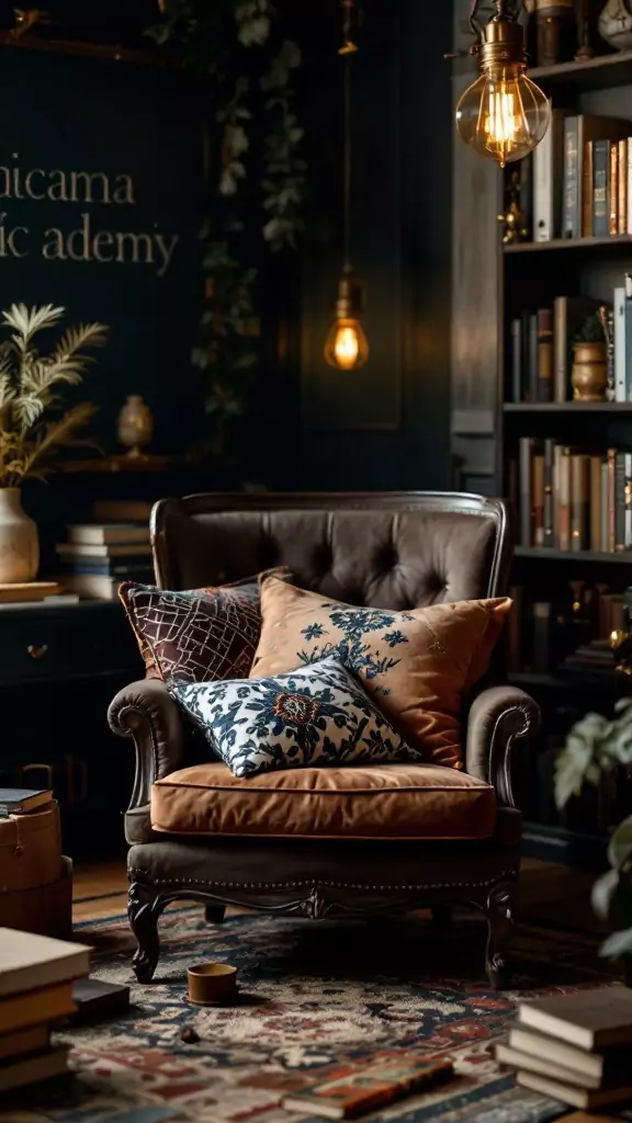 A cozy chair with decorative throw pillows in a dark office setting.