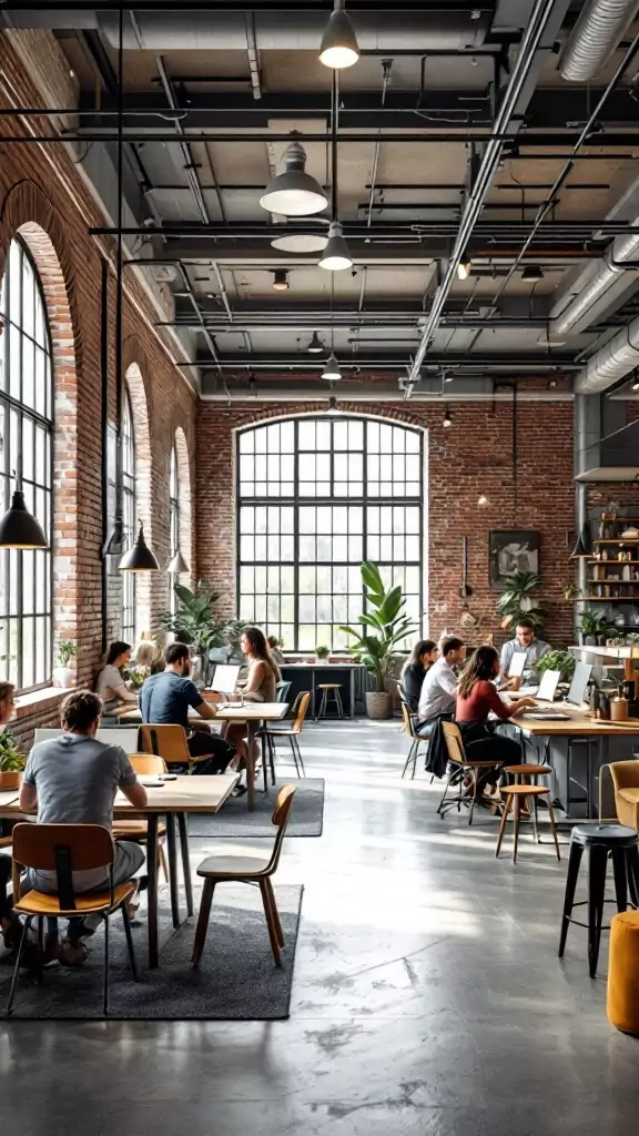 A spacious industrial co-working office with exposed brick walls, large windows, and people working at various tables.