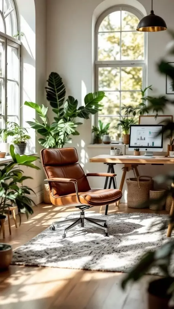 A stylish leather desk chair in a bright office space surrounded by plants and a modern wood desk.