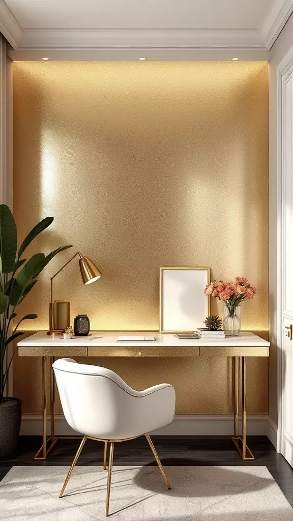 A stylish office with a metallic accent wall, featuring a white desk and modern chair.