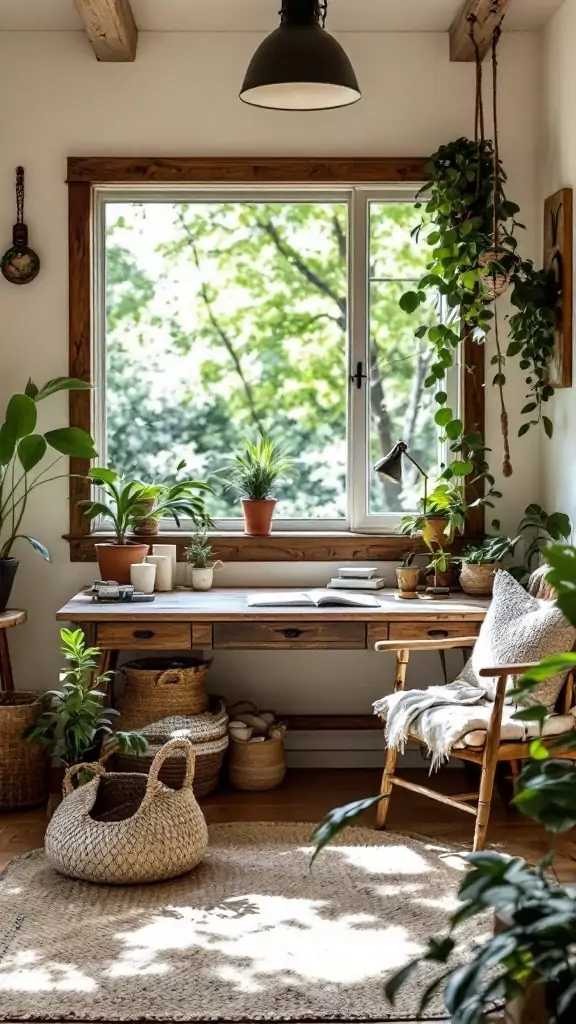 A serene farmhouse office with a wooden desk, plants, and natural light.