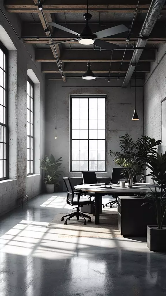 A modern office space featuring oversized industrial ceiling fans, large windows, and a sleek design.