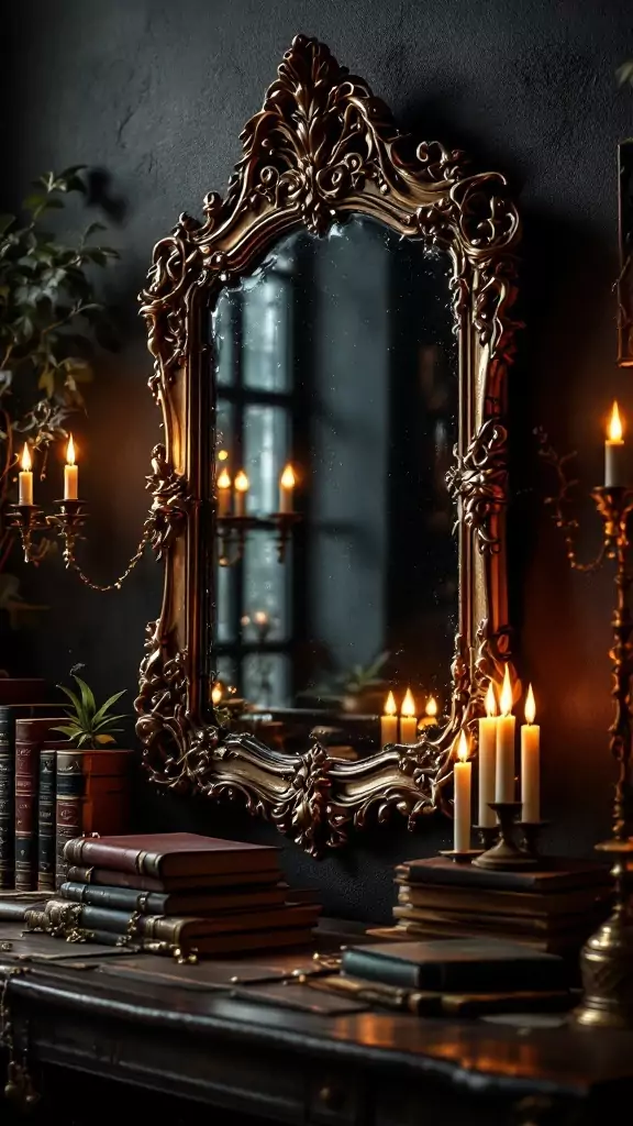 An antique mirror with an ornate frame, surrounded by candles and books in a dark office setting.