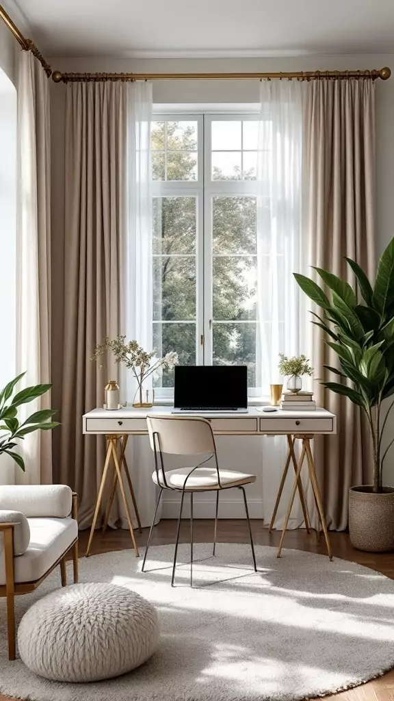 A chic office space featuring brass curtain rods and sheer drapes, creating an elegant atmosphere.