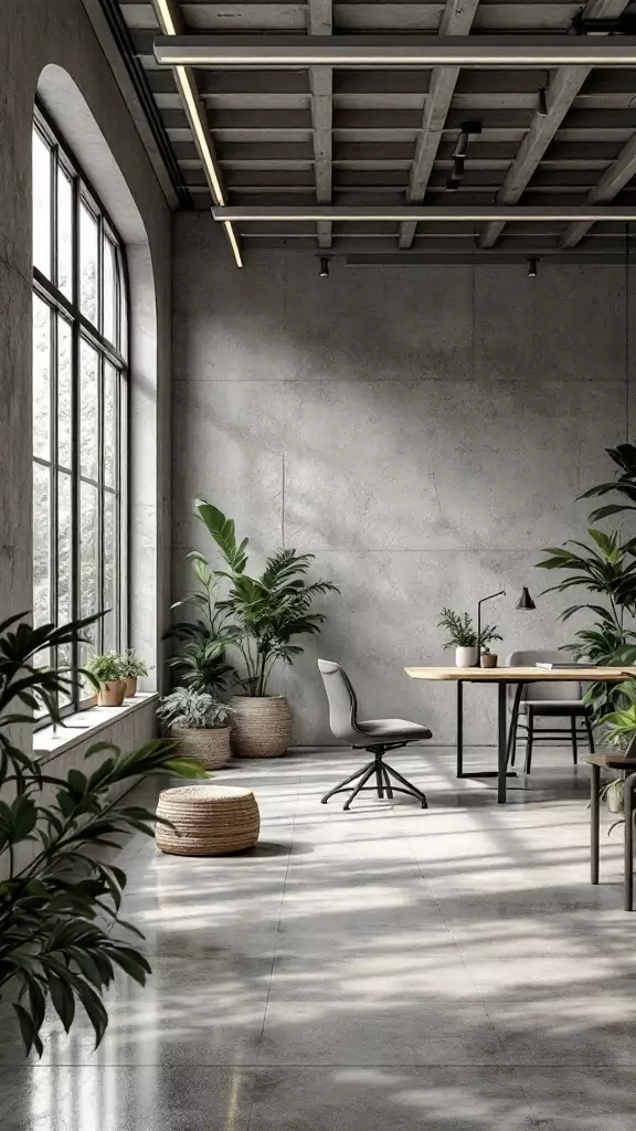 A modern office space with concrete walls and natural elements.