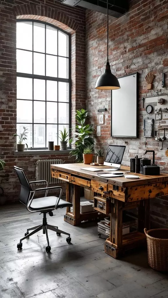 A heavy-duty workbench used as a desk in an industrial office space with a large window and plants.