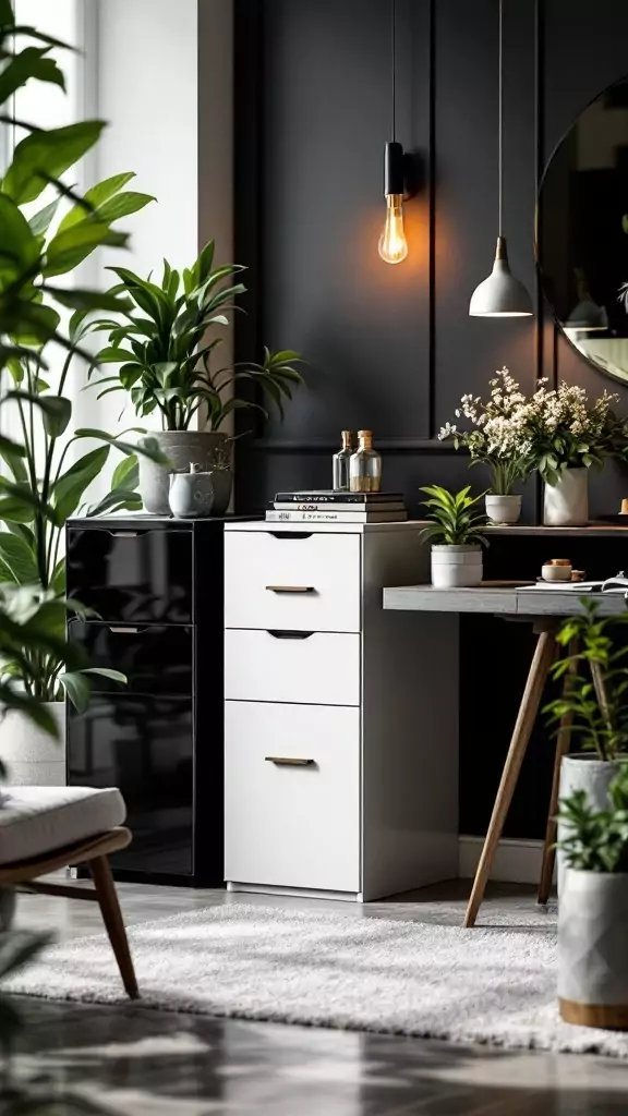 Glossy white and black filing cabinets in a stylish office setting