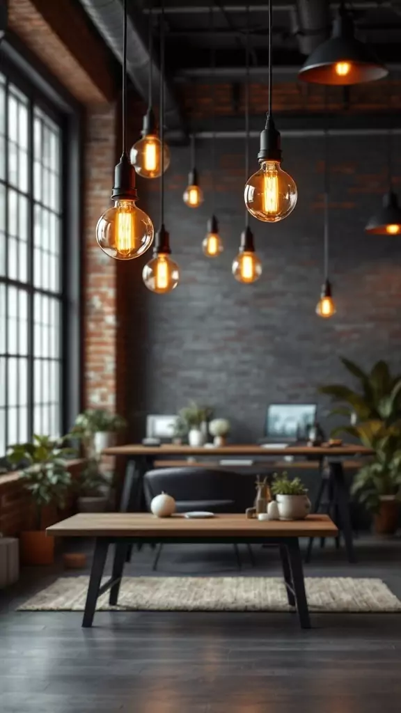 Stylish metal and glass hanging light fixtures in an industrial office space