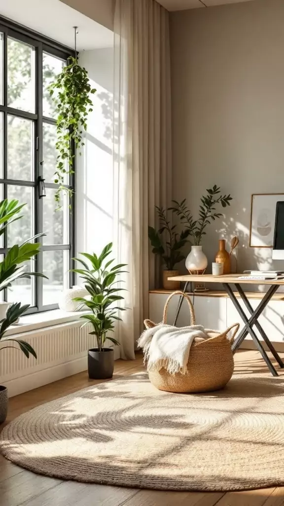 A cozy organic modern office with natural fiber rugs and plants.