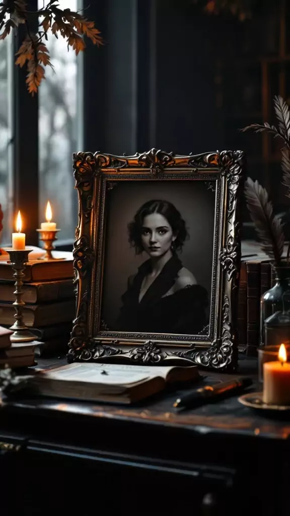 A vintage photo frame holding a dark portrait, surrounded by books and candles on a desk