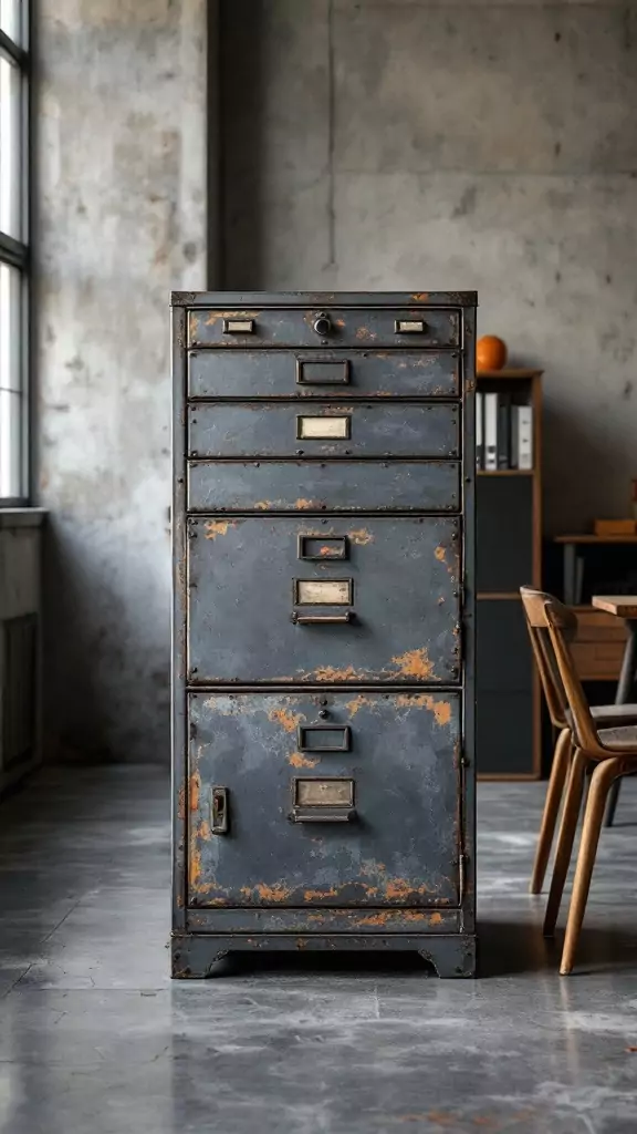 Aged metal filing cabinet in an industrial office setting