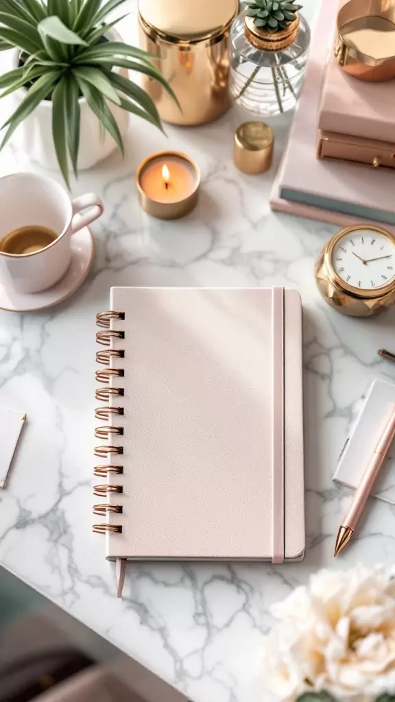 A stylish pink notebook and planner set on a marble desk with gold accents and a cup of coffee.