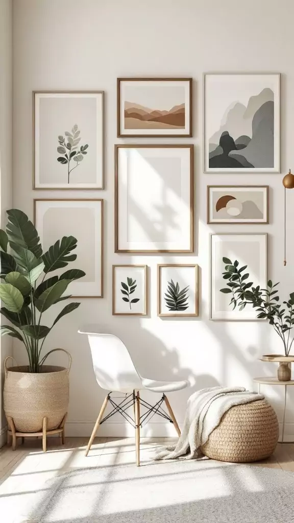 A neutral-toned gallery wall featuring framed artworks, plants, and a minimalist chair in an organic modern office setup.