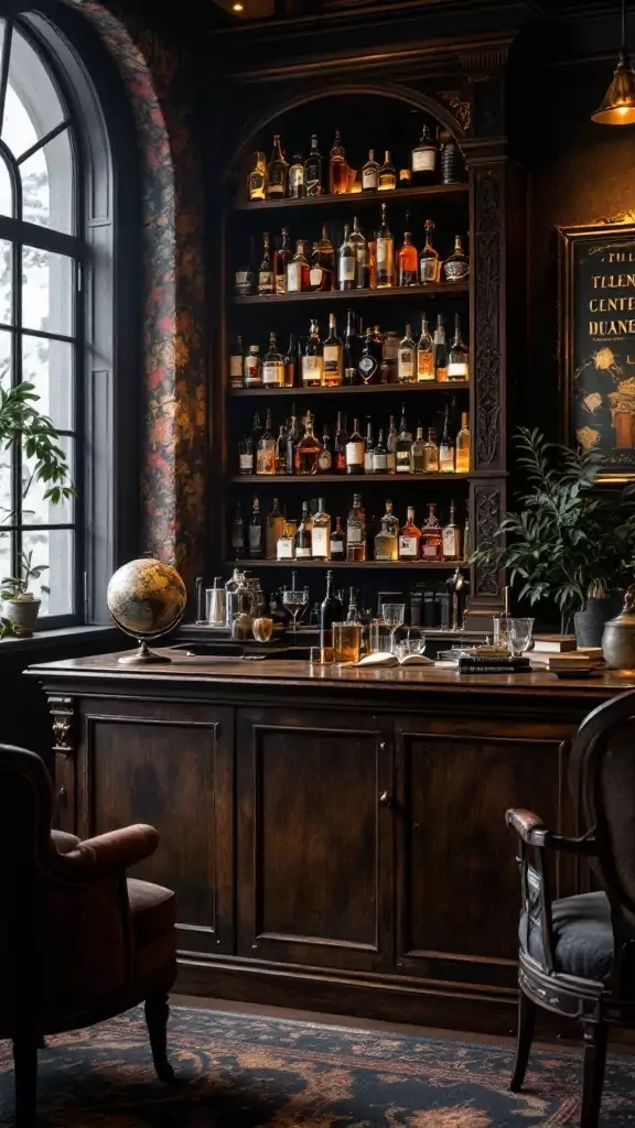 A vintage globe bar in a moody office space with dark wood design elements.