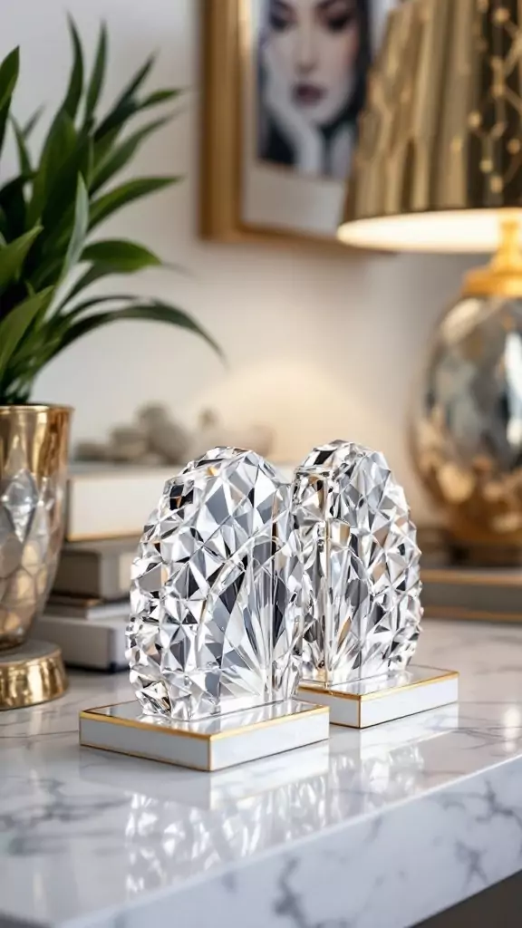 Elegant crystal bookends on a marble desk in a chic workspace