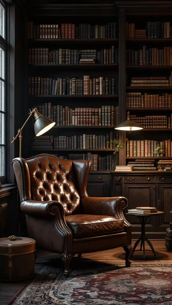 A cozy leather armchair in a dark library setting with shelves filled with books.