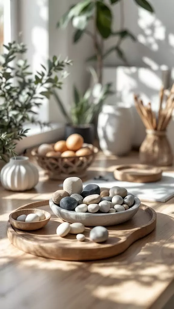 A decorative arrangement of pebbles and stones in trays on a wooden desk, surrounded by plants and natural decor.