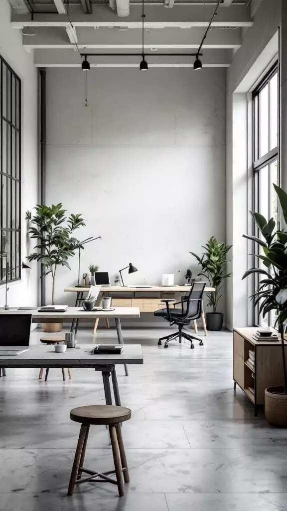 A modern industrial office space featuring raw steel and concrete desk tops.