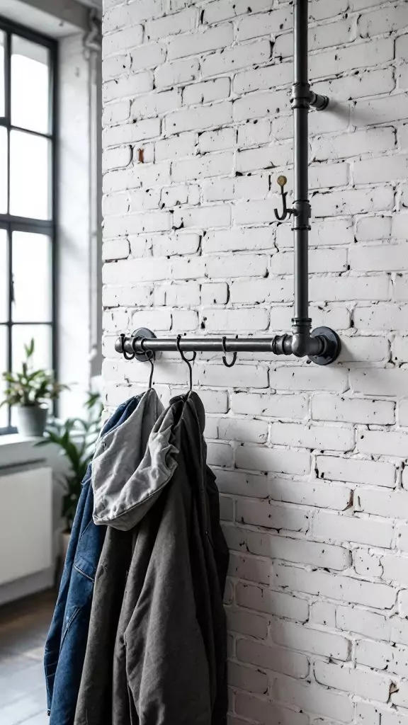 Industrial pipe coat racks and hooks on a white brick wall with jackets hanging.