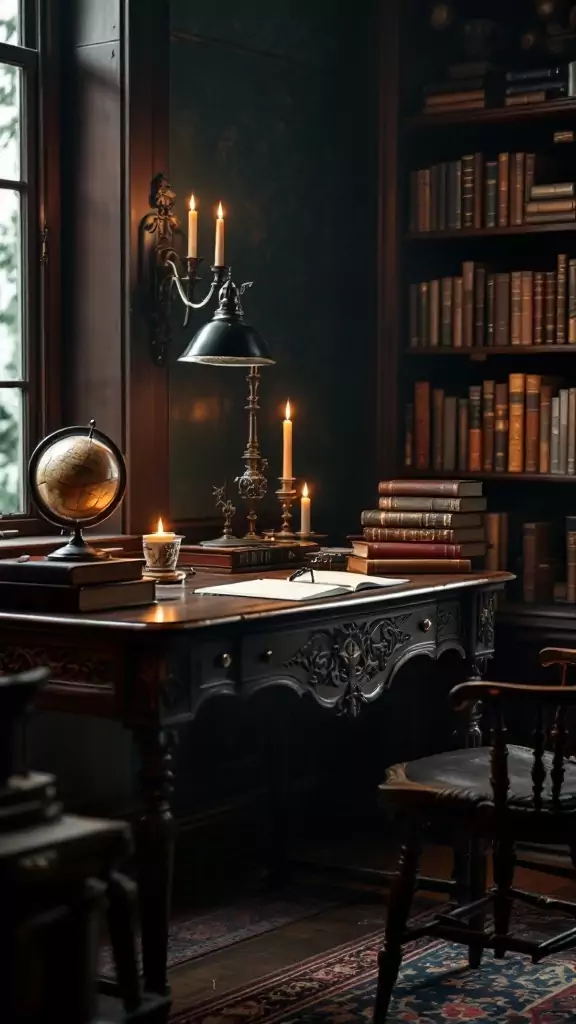 A vintage writing desk with dark wood, candles, and a globe, set in a moody office space.