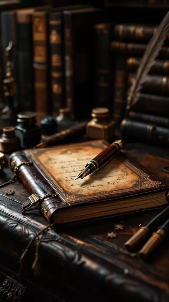 A classic fountain pen resting on an ornate leather-bound notebook, surrounded by dark books and ink bottles.