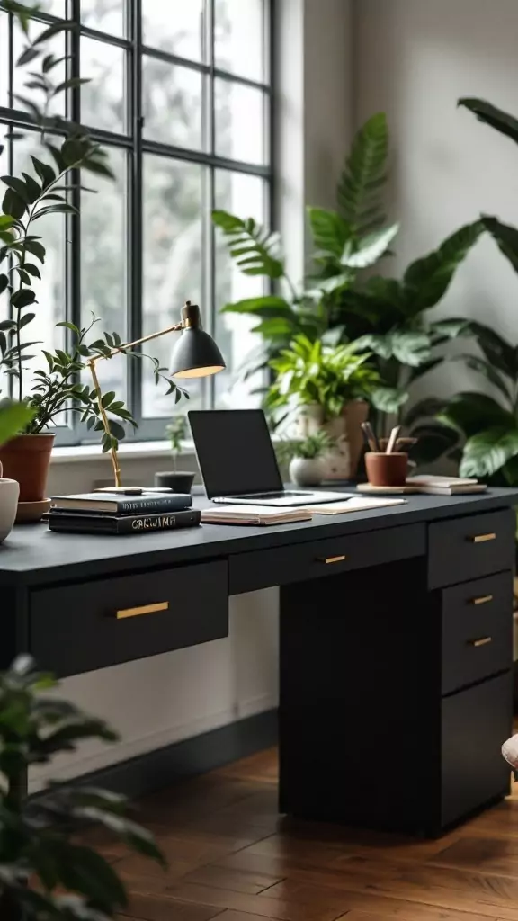 A modern office desk with matte black finish and aged brass hardware, surrounded by plants.