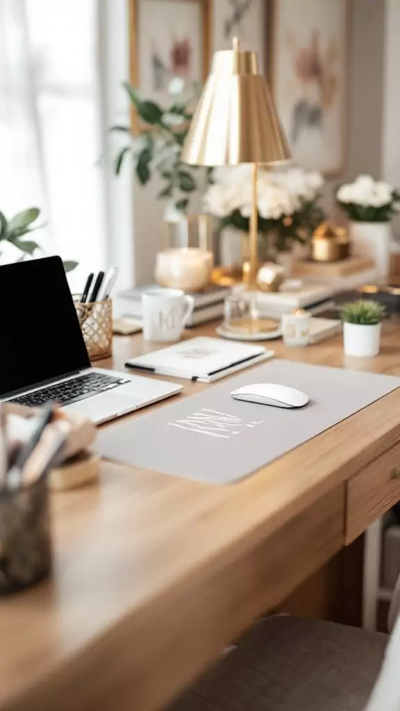 A stylish desk featuring a personalized mouse pad and elegant decor in a feminine home office.