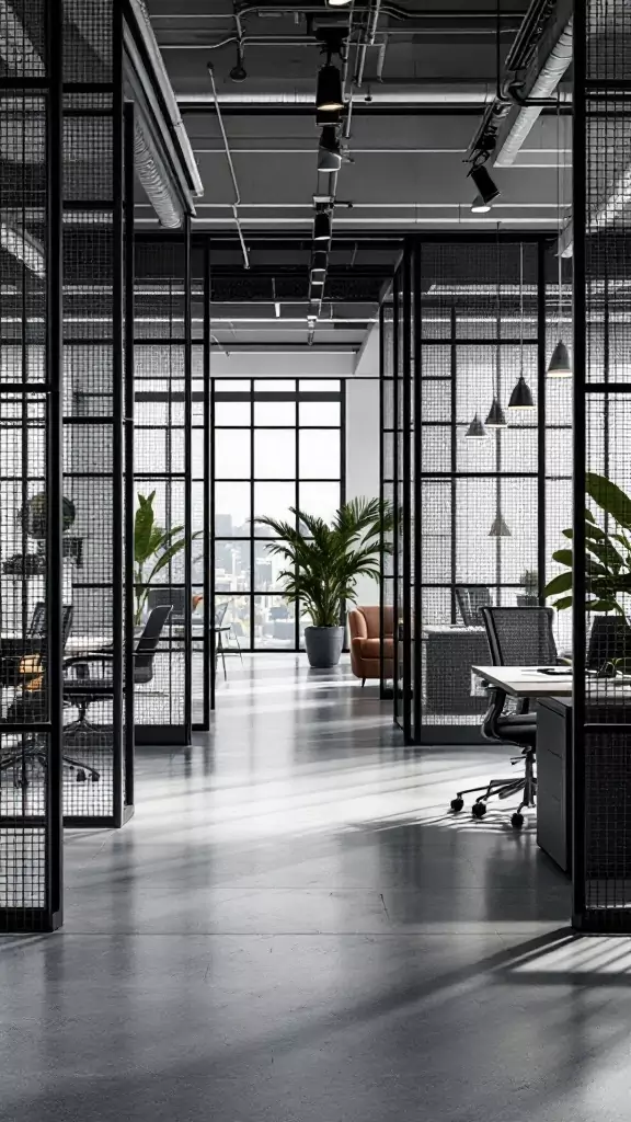 An industrial office space featuring wire mesh partitions.