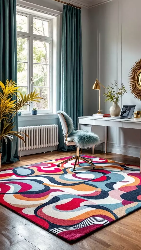 A colorful patterned area rug in a stylish office setting with a desk and chair.