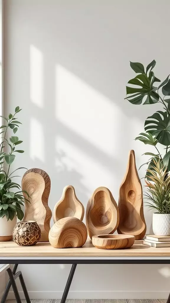 A collection of handmade wooden sculptures displayed on a table with plants in a modern office setting.